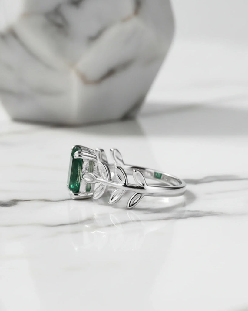 Moss Agate Ring Emerald Cut - Sterling Silver Moss Agate Open Band Ring with Leaf Design