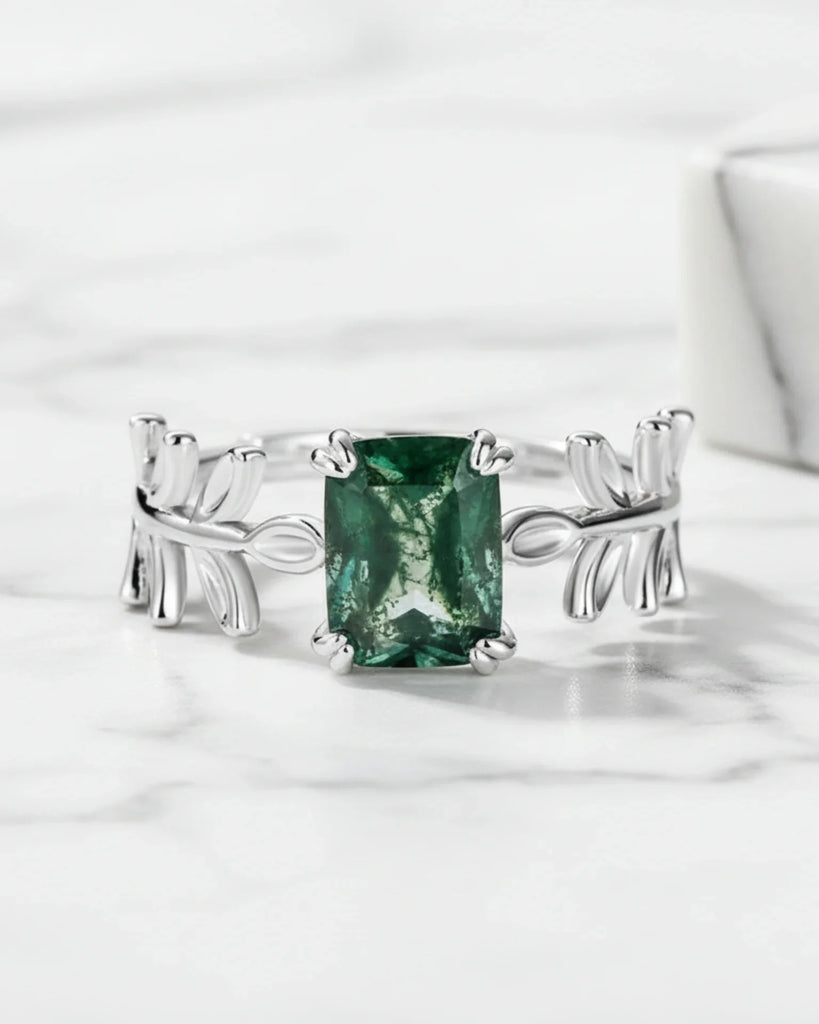 Moss Agate Ring Emerald Cut - Sterling Silver Moss Agate Open Band Ring with Leaf Design