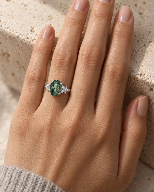 Oval Moss Agate Ring - worn on the hand