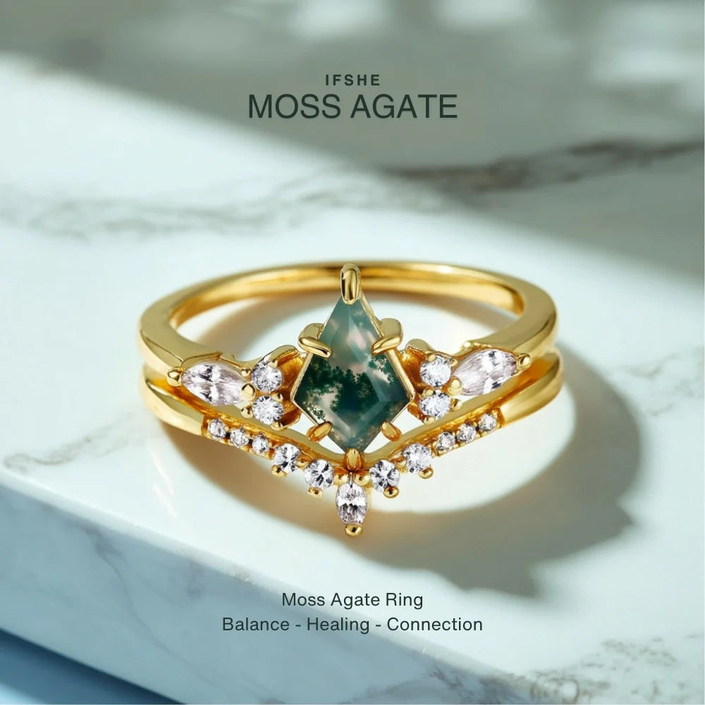 Kite Shaped Moss Agate Ring Set in 925 Sterling Silver