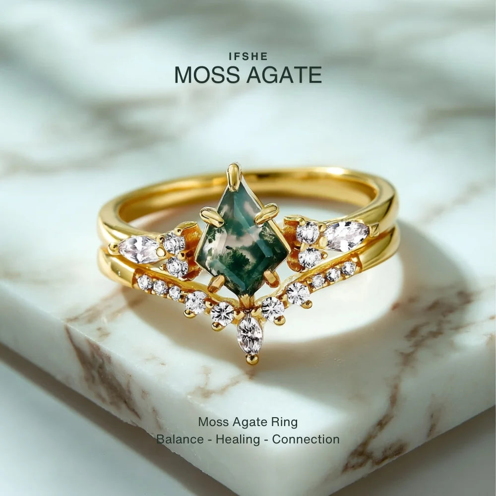 Kite Shaped Moss Agate Ring Set in 925 Sterling Silver
