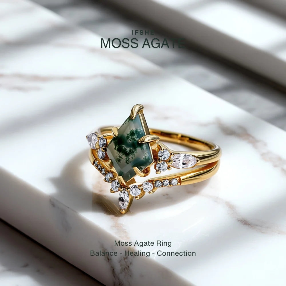 Kite Shaped Moss Agate Ring Set in 925 Sterling Silver