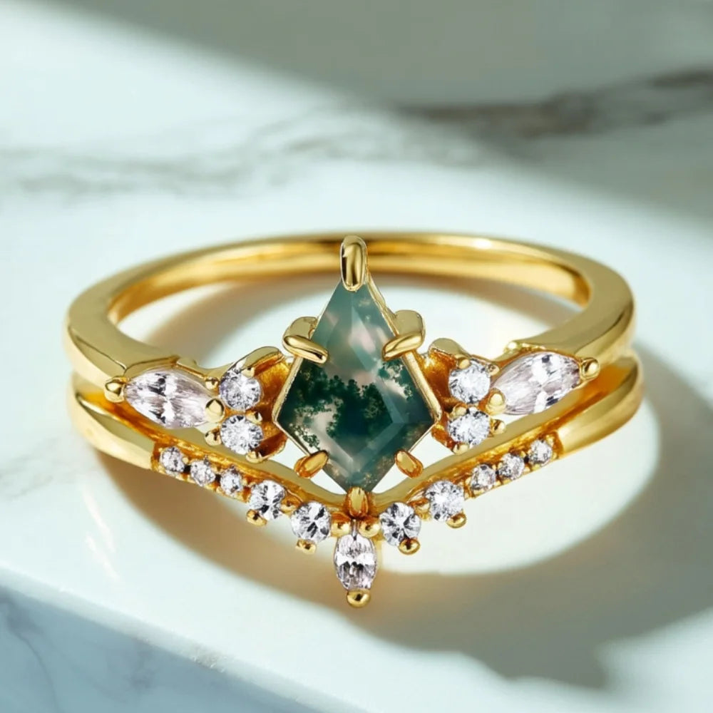 Kite Shaped Moss Agate Ring Set in 925 Sterling Silver