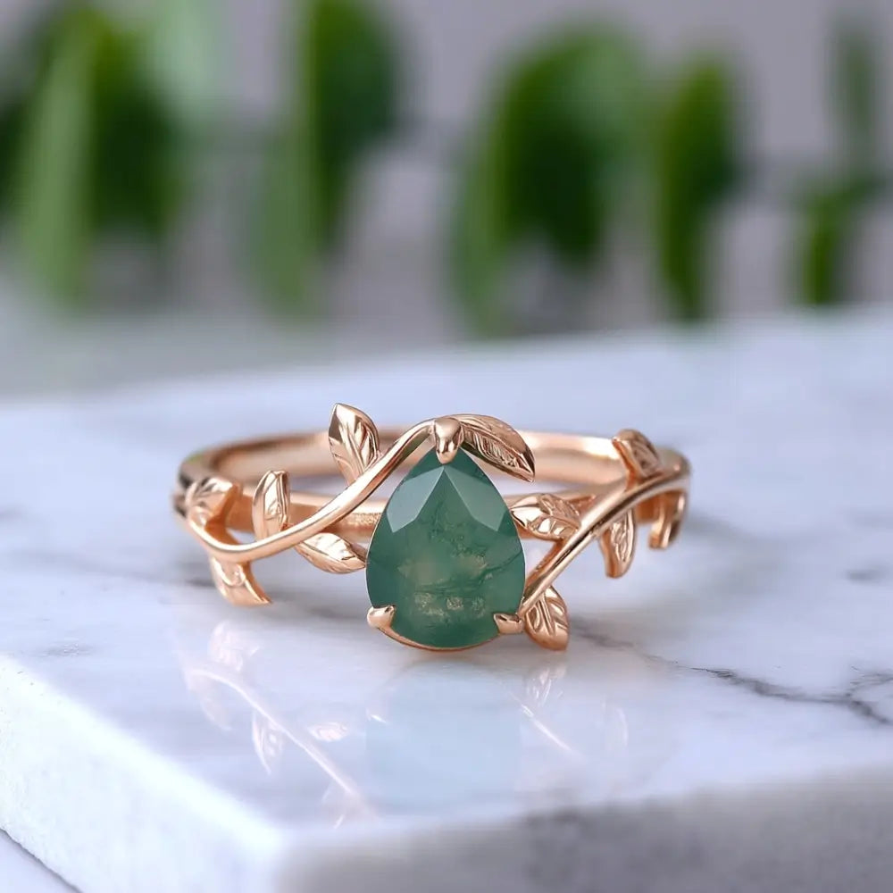 Moss Agate Ring Pear Cut