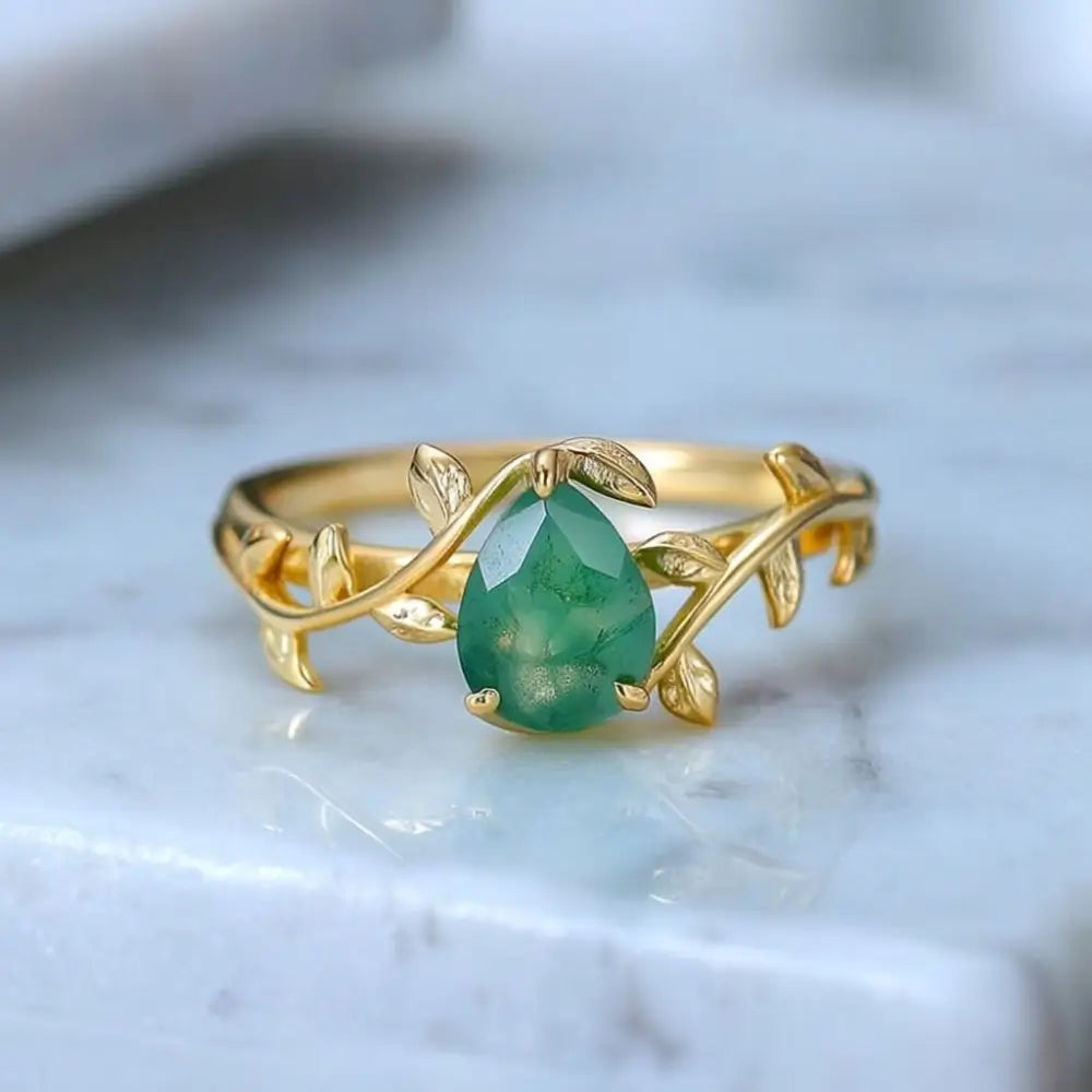 Moss Agate Ring Pear Cut
