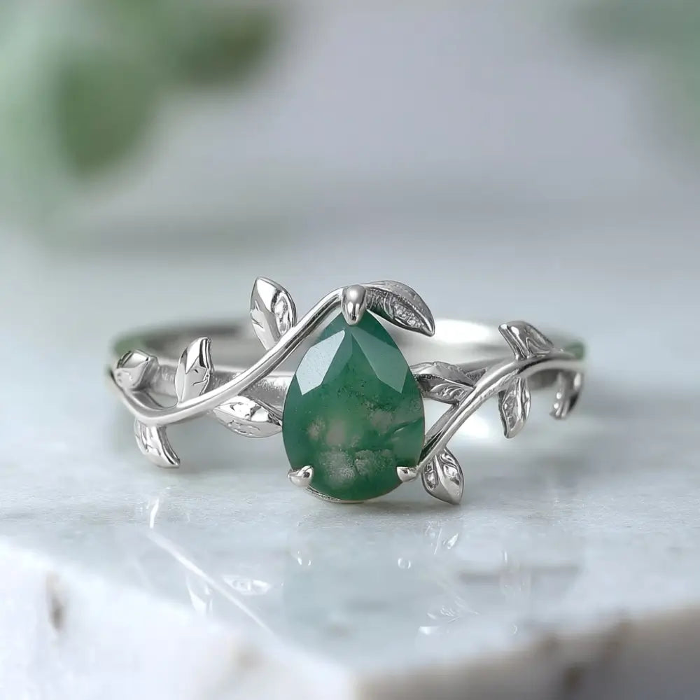 Moss Agate Ring Pear Cut