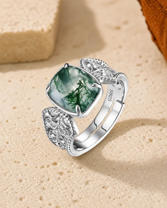 Moss agate cushion statement ring in sterling silver with baroque filigree scroll shoulders