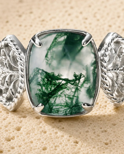 Moss agate cushion statement ring in sterling silver with baroque filigree scroll shoulders