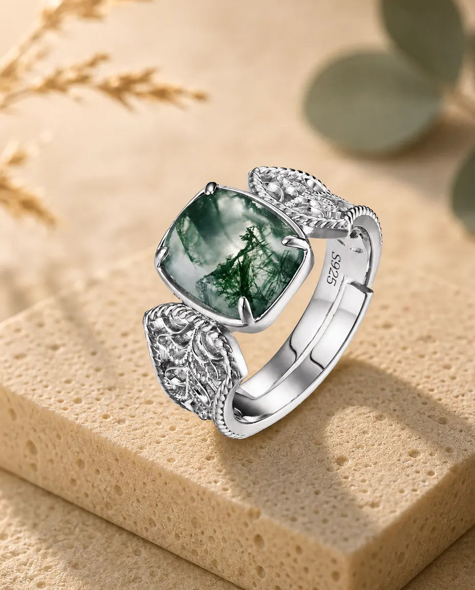 Moss agate cushion statement ring in sterling silver with baroque filigree scroll shoulders