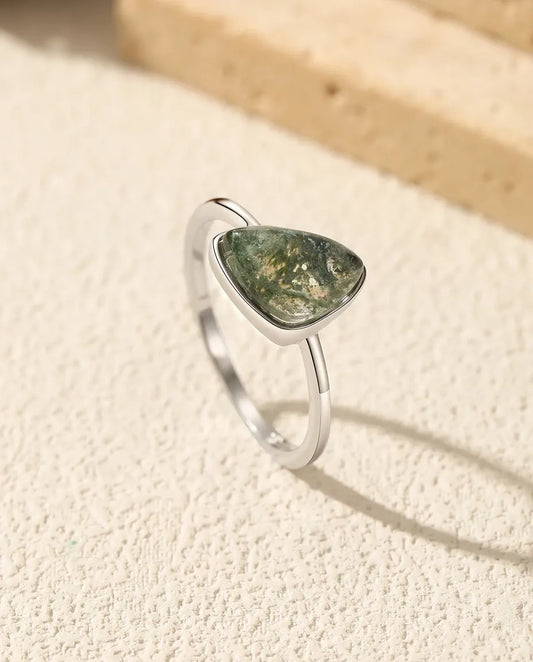 Natural green moss agate triangle bezel set solitaire ring in 925 sterling silver