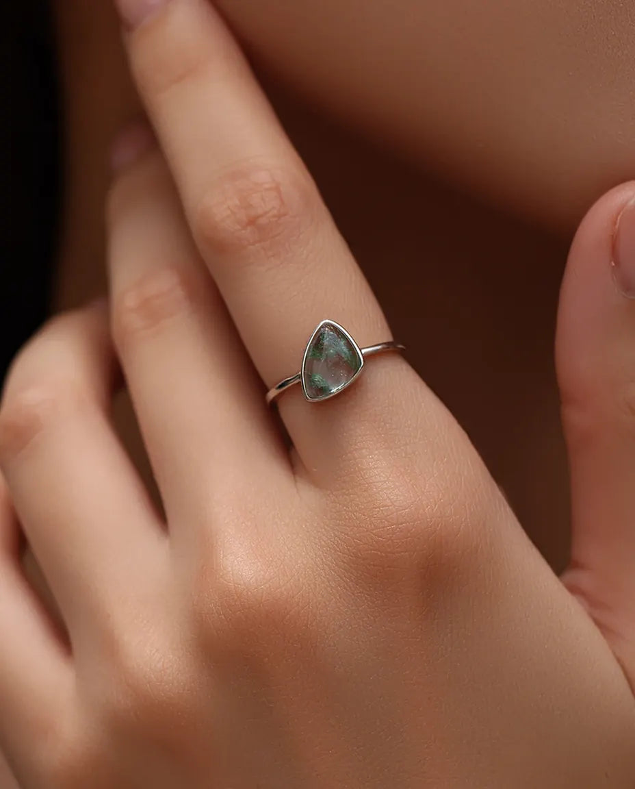Natural green moss agate triangle bezel set solitaire ring in 925 sterling silver