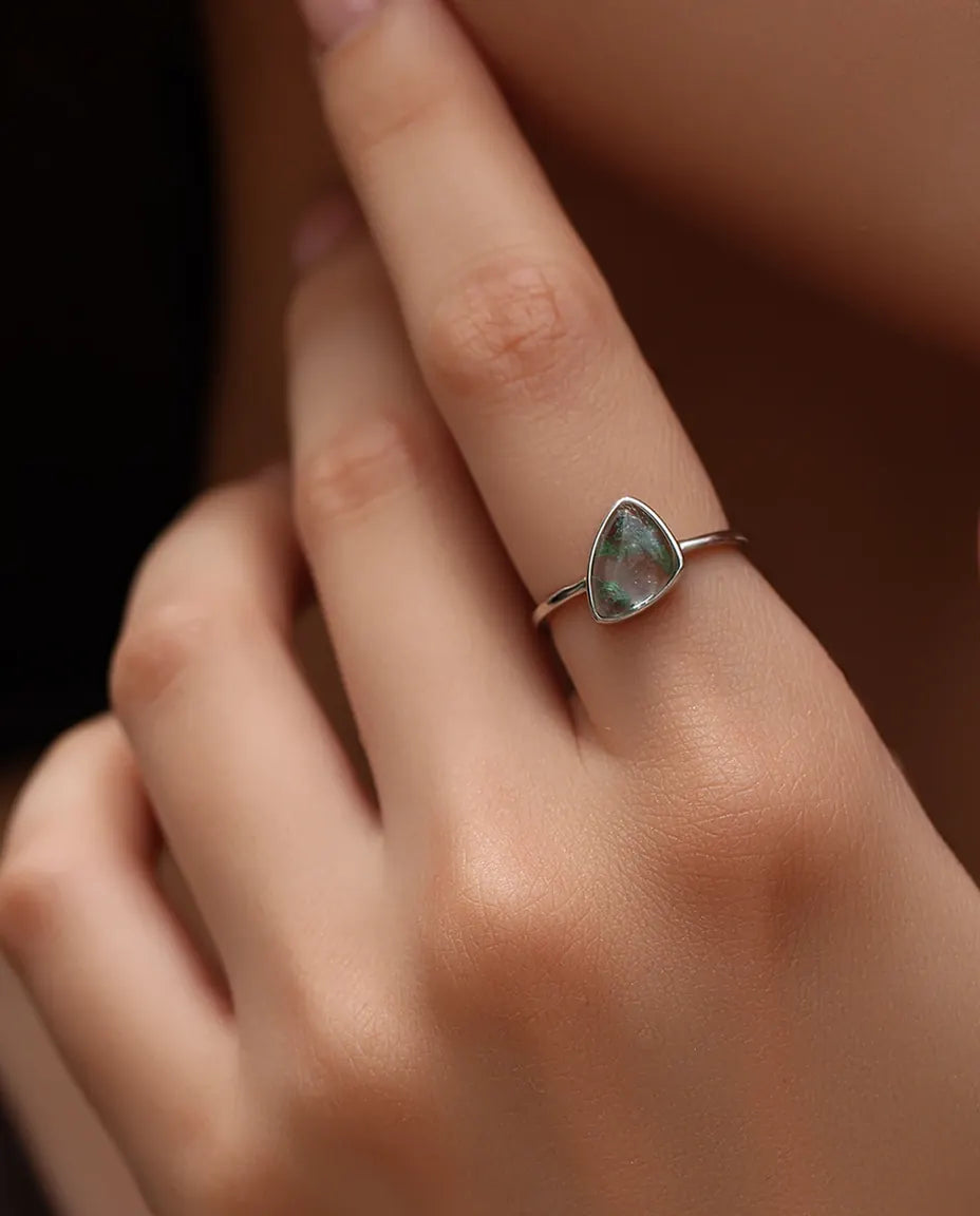 Natural green moss agate triangle bezel set solitaire ring in 925 sterling silver