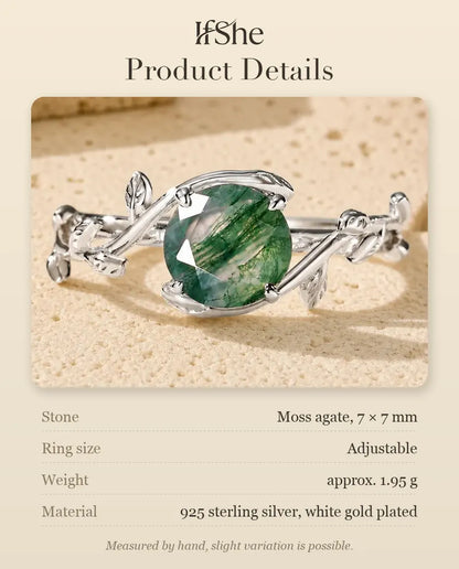 Moss Agate Vine Ring - size and material details