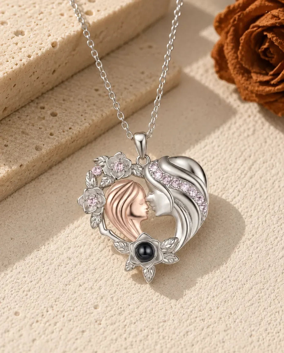 Mother & Daughter Photo Projection Necklace - front view in silver