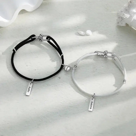 Name Matching Bracelets for Couples – His and Her Magnetic Bracelet, Stainless Steel, 2 Pieces, Personalized Anniversary Gift