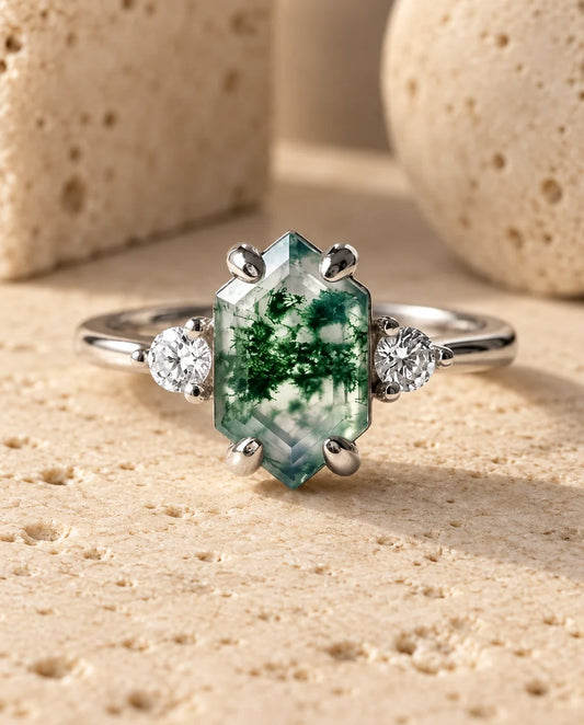 Hexagon Moss Agate Adjustable Ring - front view