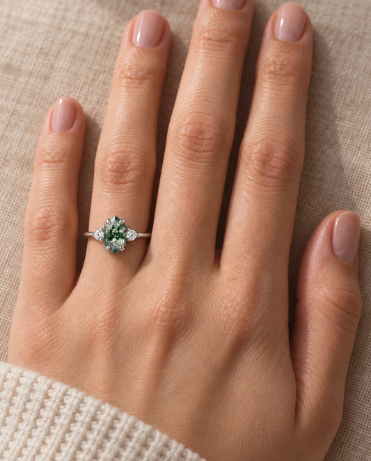 Hexagon Moss Agate Adjustable Ring - worn on the hand