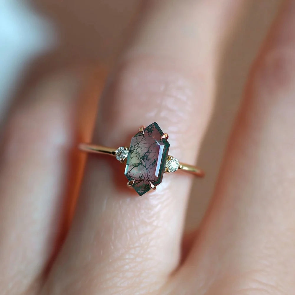 Natural Moss Agate Ring – Elongated Hexagon Cut, Adjustable Sterling Silver Band