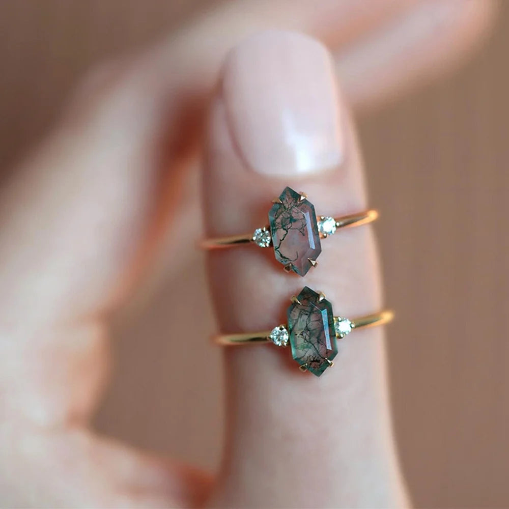 Natural Moss Agate Ring – Elongated Hexagon Cut, Adjustable Sterling Silver Band