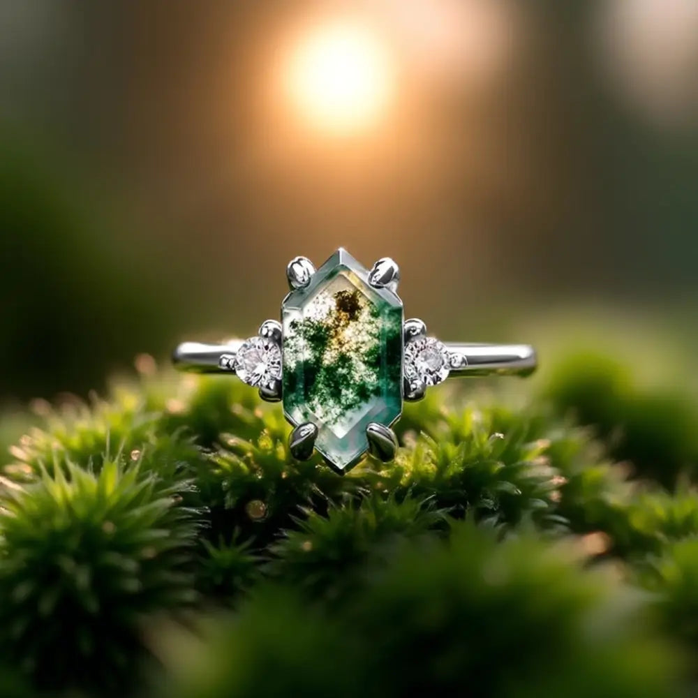 Natural Moss Agate Ring – Elongated Hexagon Cut, Adjustable Sterling Silver Band