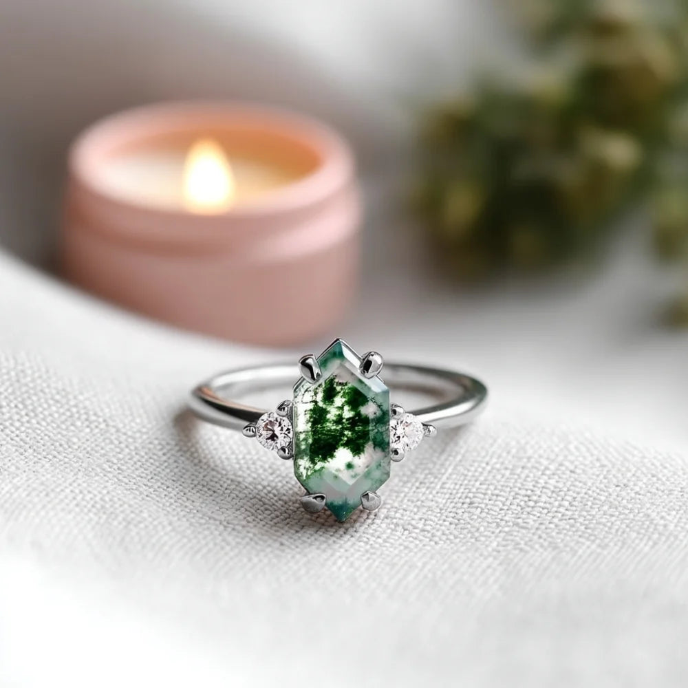 Natural Moss Agate Ring – Elongated Hexagon Cut, Adjustable Sterling Silver Band