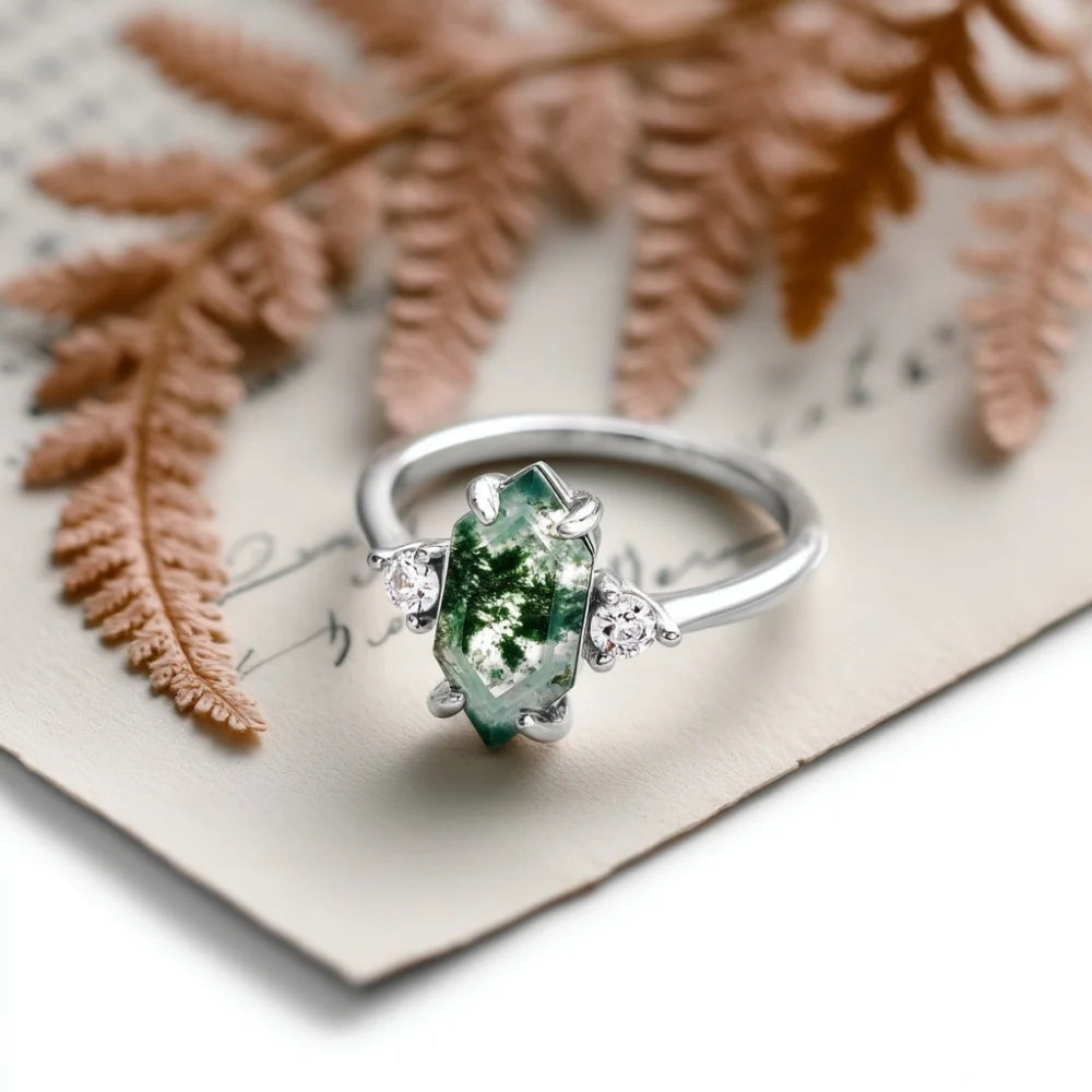 Natural Moss Agate Ring – Elongated Hexagon Cut, Adjustable Sterling Silver Band