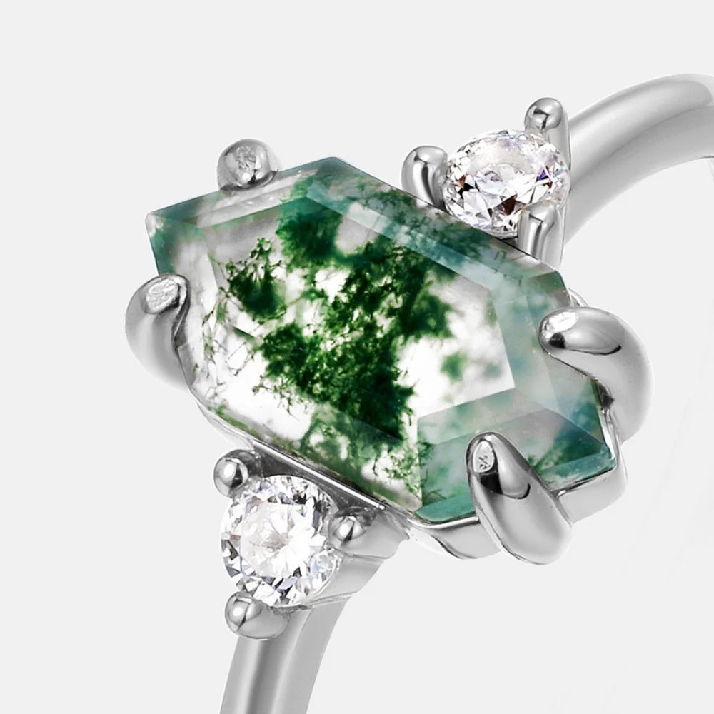 Natural Moss Agate Ring – Elongated Hexagon Cut, Adjustable Sterling Silver Band