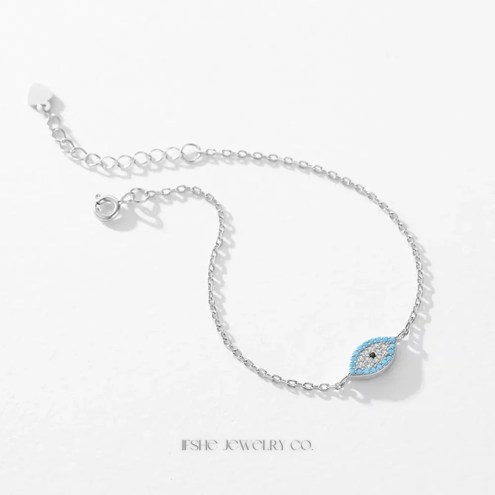 Natural Turquoise Evil Eye Bracelet in 925 Sterling Silver – Lucky Turkish Charm