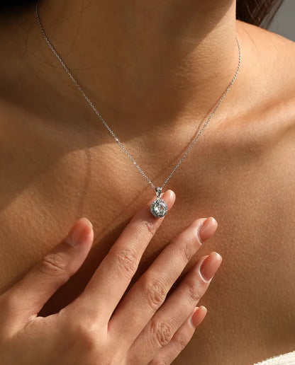 Octagon halo pendant necklace in 925 sterling silver with a step cut clear stone