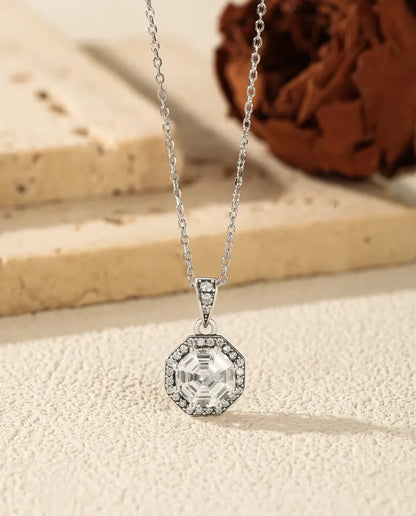 Octagon halo pendant necklace in 925 sterling silver with a step cut clear stone