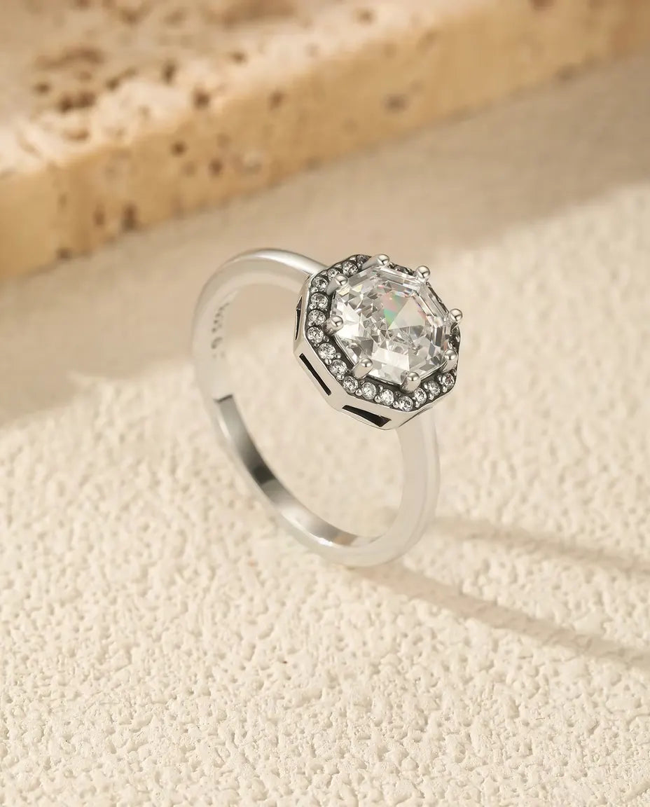 Octagon halo step cut zirconia solitaire ring in 925 sterling silver