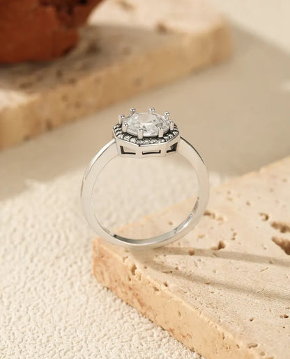Octagon halo step cut zirconia solitaire ring in 925 sterling silver