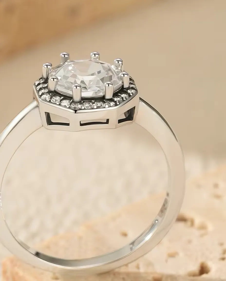 Octagon halo step cut zirconia solitaire ring in 925 sterling silver