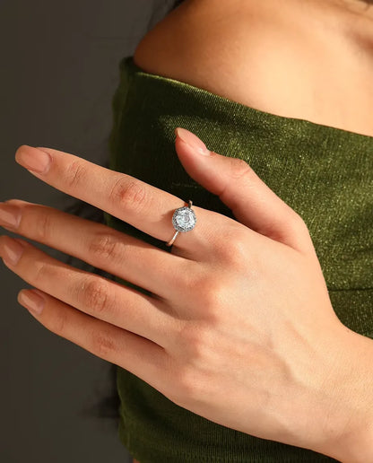 Octagon halo step cut zirconia solitaire ring in 925 sterling silver