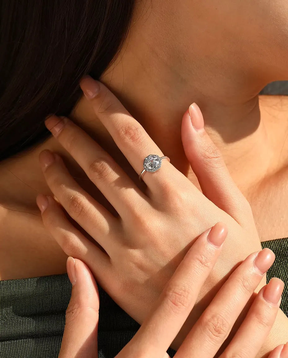 Octagon halo step cut zirconia solitaire ring in 925 sterling silver