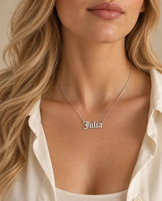 Old English Nameplate Necklace - worn on a model