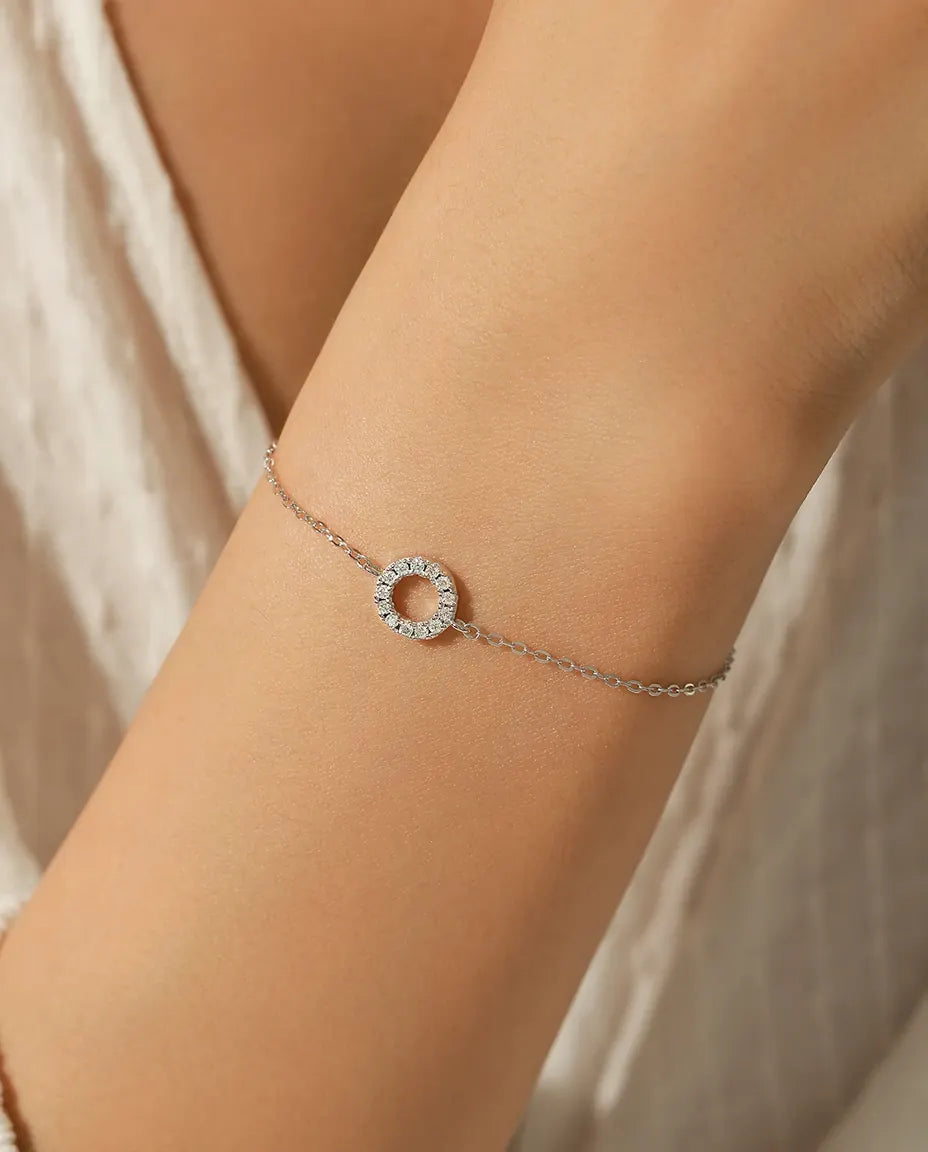 Open circle moissanite bracelet, D color pave halo charm, 925 sterling silver