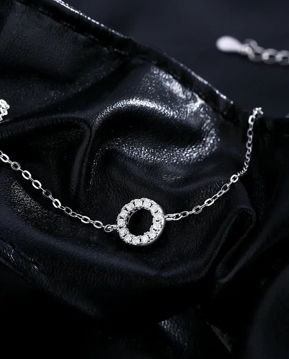 Open circle moissanite bracelet, D color pave halo charm, 925 sterling silver