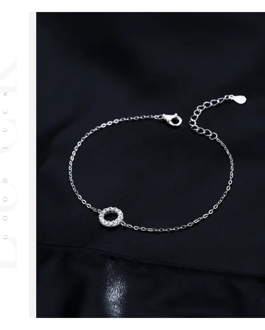 Open circle moissanite bracelet, D color pave halo charm, 925 sterling silver