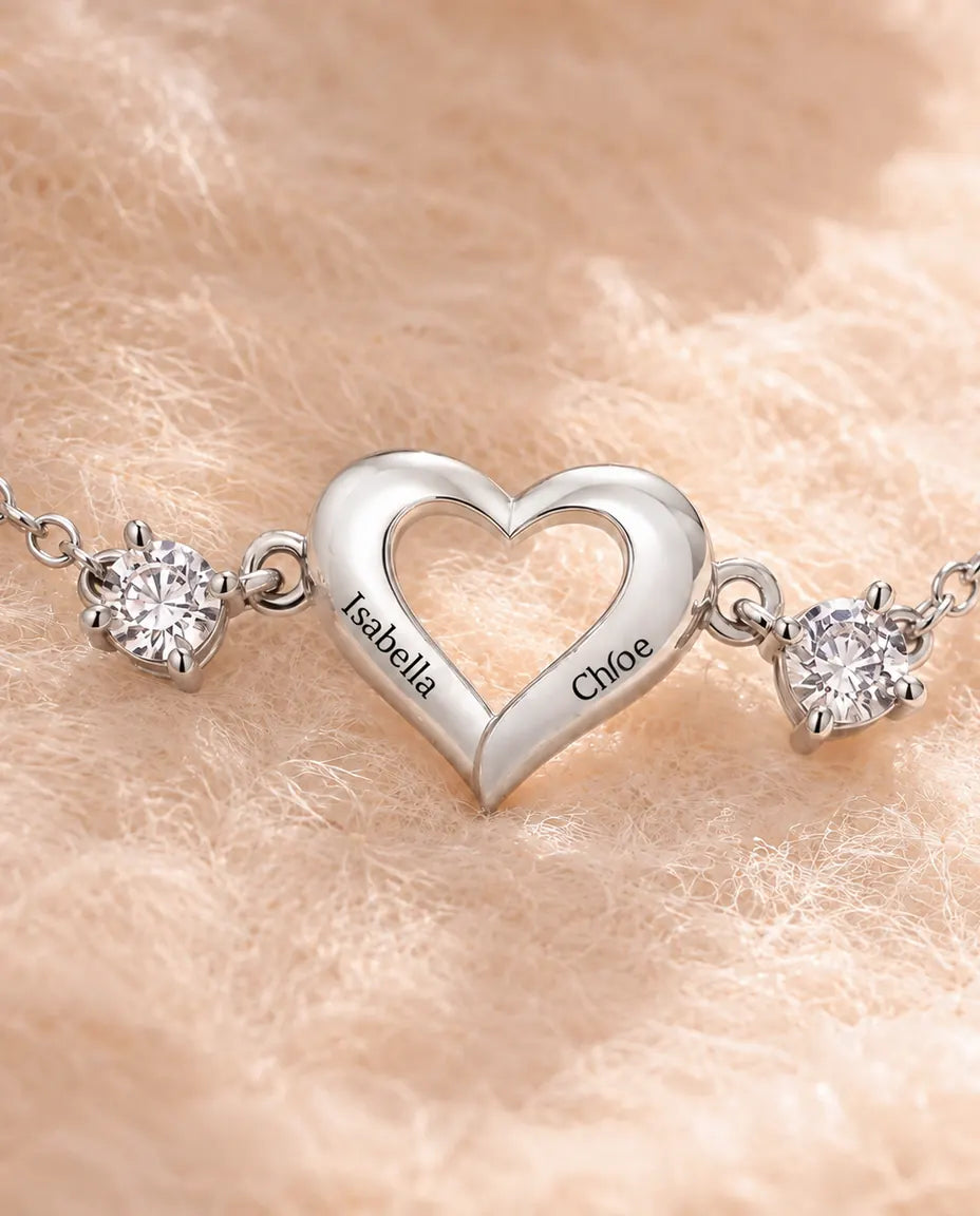 Close-up of the open heart charm with two engraved names and a birthstone each side