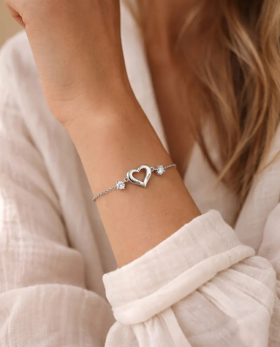 Personalized heart birthstone bracelet worn on the wrist