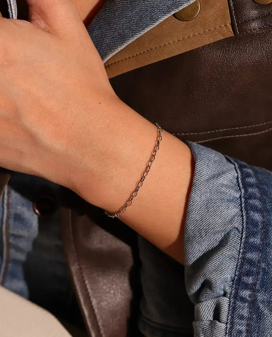Oval Link Chain Bracelet in 925 Sterling Silver - worn on the wrist, close-up