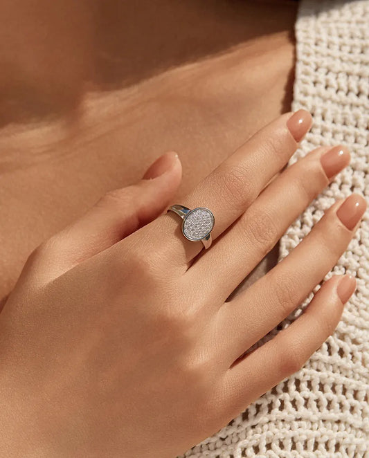 Oval pave button moissanite signet ring in 925 sterling silver