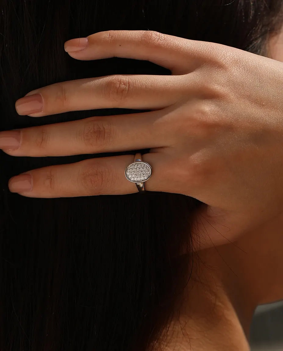 Oval pave button moissanite signet ring in 925 sterling silver