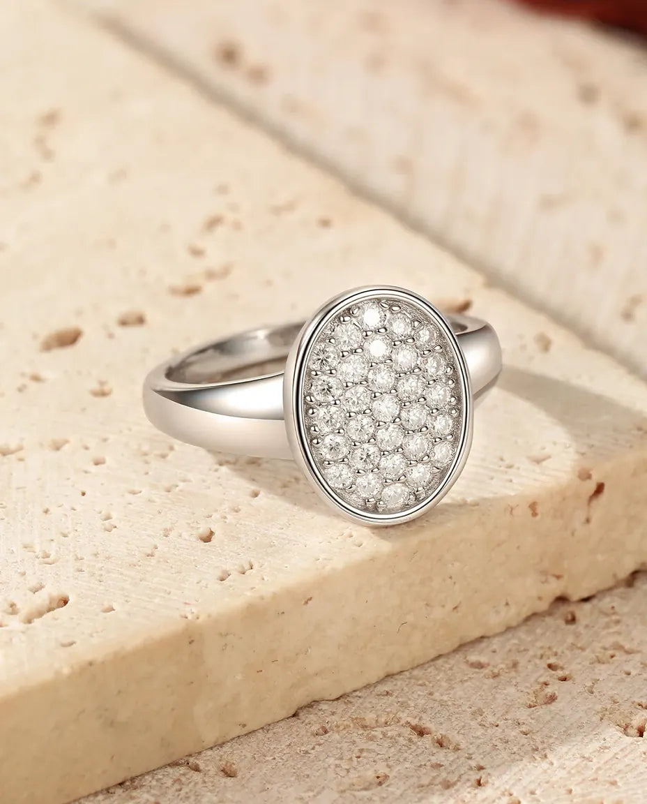 Oval pave button moissanite signet ring in 925 sterling silver
