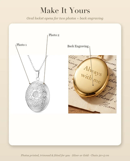 Personalization guide showing Photo 1, Photo 2 and Back Engraving placement on oval locket