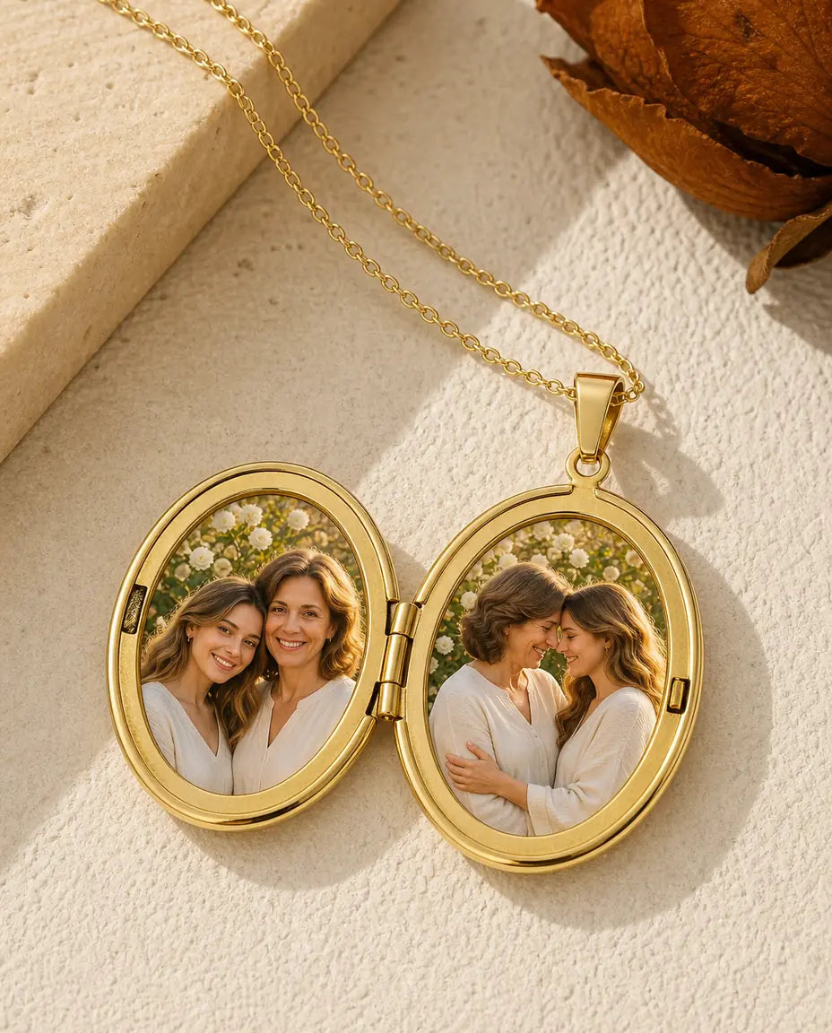 Gold oval locket necklace open showing two photos of mother and daughter inside