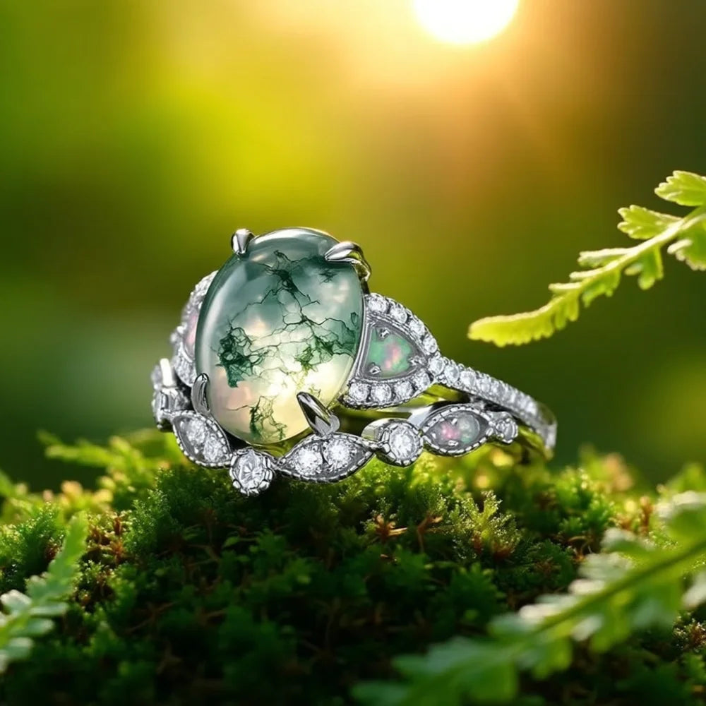 Oval Shaped Moss Agate Ring Set with Opals