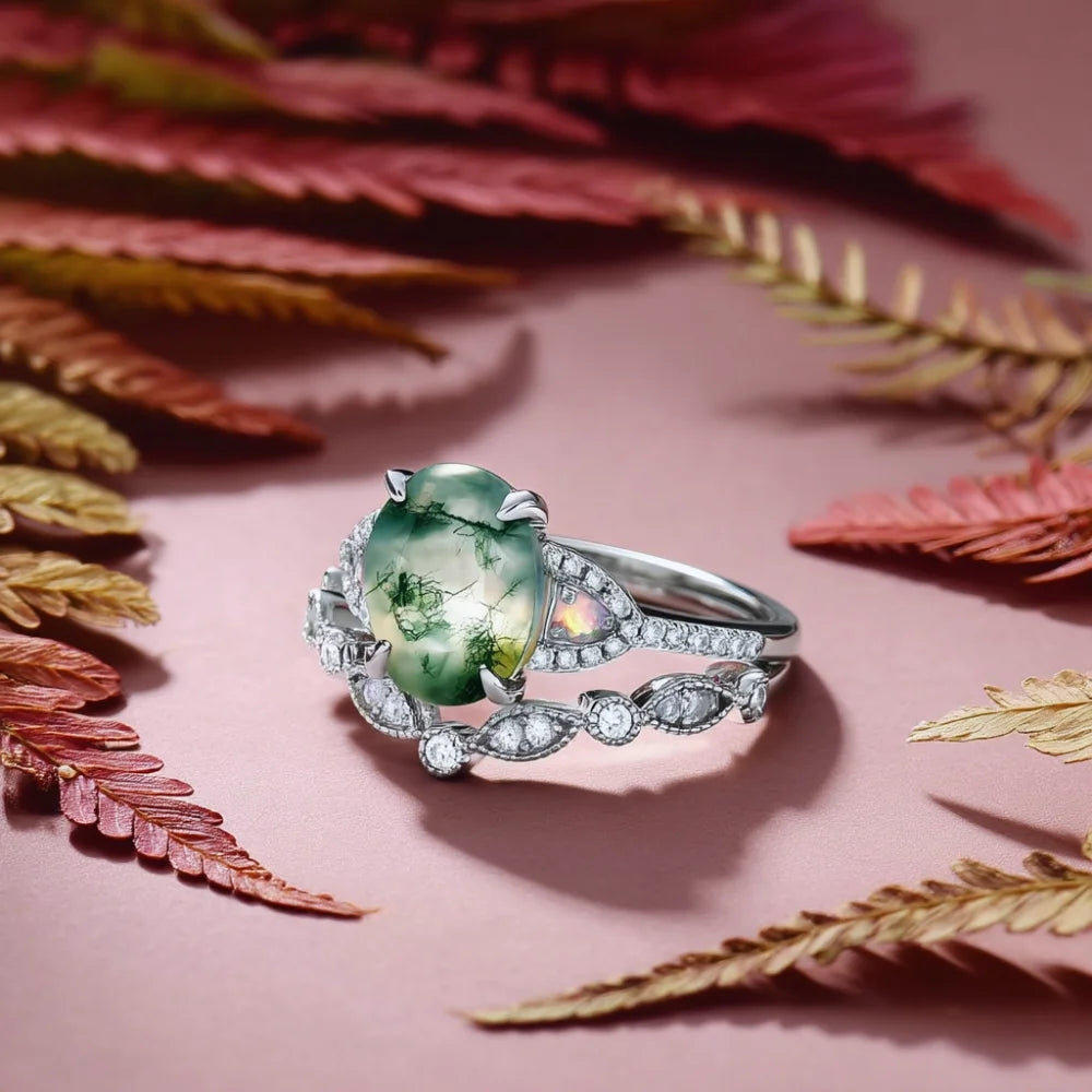 Oval Shaped Moss Agate Ring Set with Opals