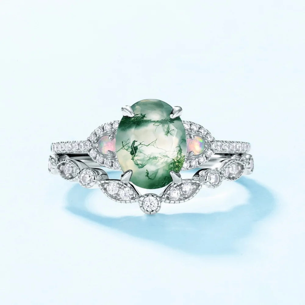 Oval Shaped Moss Agate Ring Set with Opals